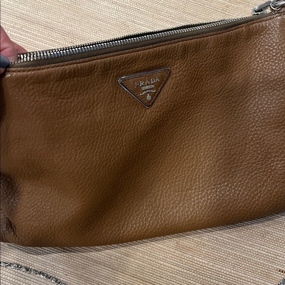 Prada Tan Leather Bag with Silver Chain